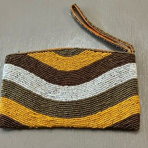 Vintage Boho Beaded Wristlet Clutch Bag Mustard Yellow Bronze White Wave Pattern